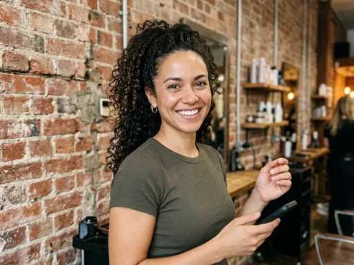 Woman with curly hair in ponytail standing against brick wall in hair studio with ring light