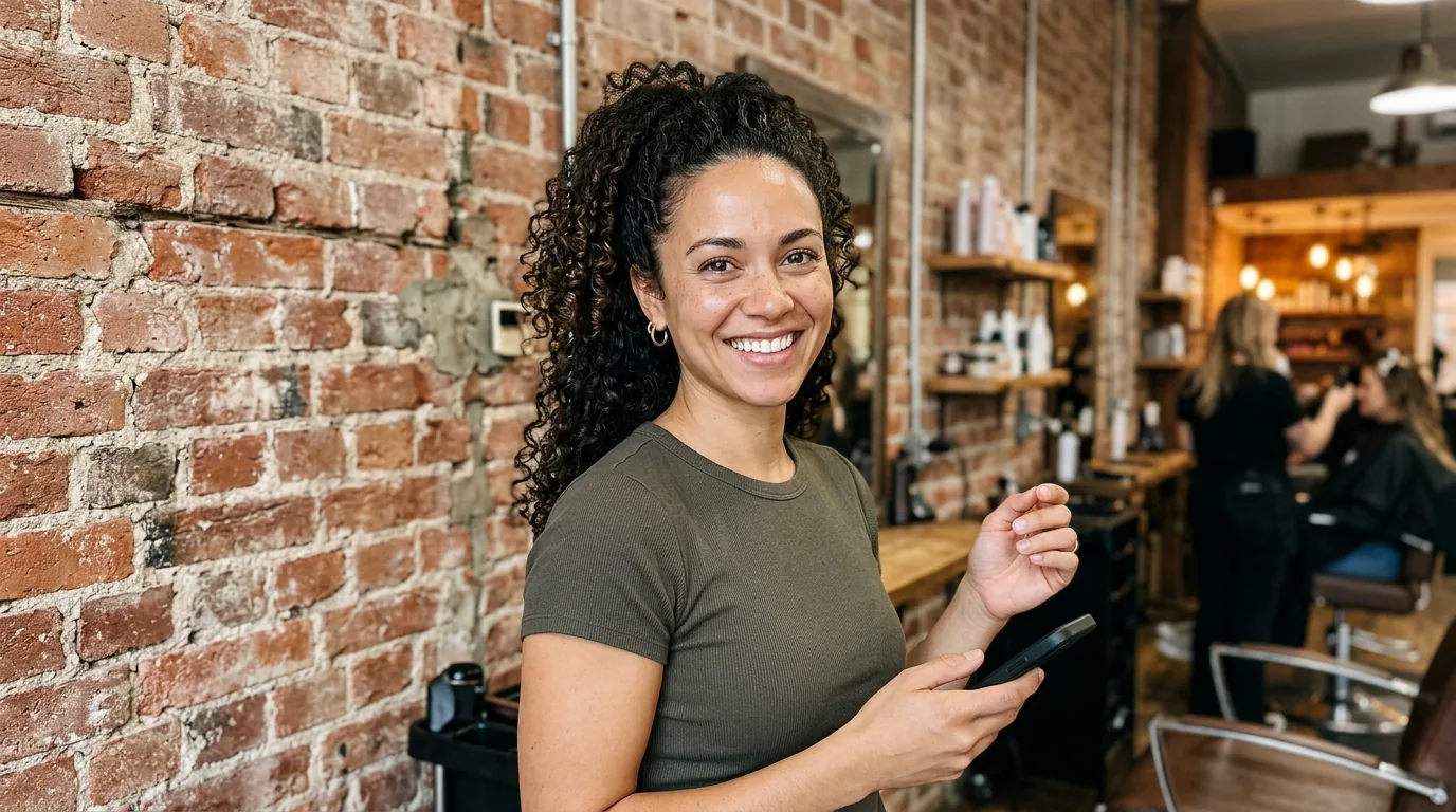 Woman with curly hair in ponytail standing against brick wall in hair studio with ring light