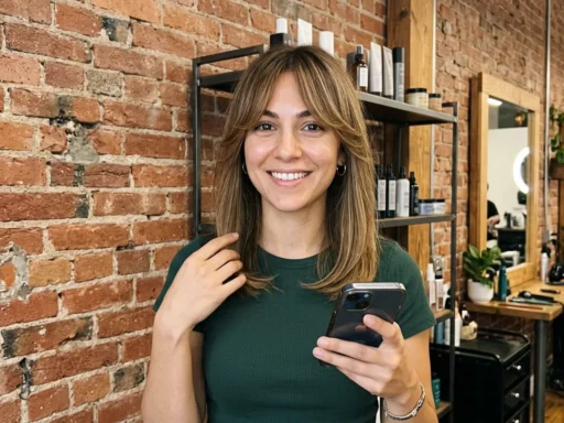 Woman with fresh curtain bangs haircut in industrial hair studio with exposed brick walls