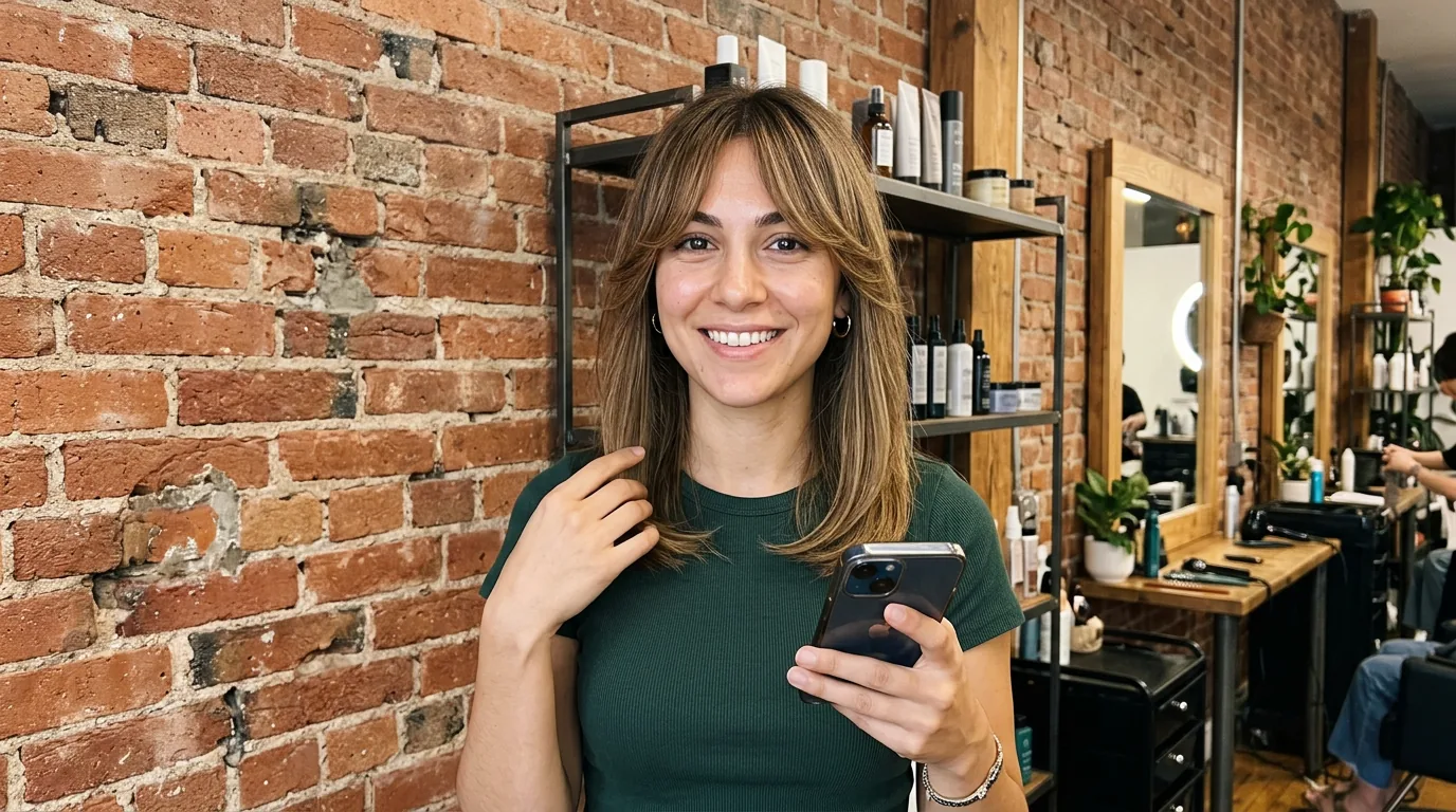 Woman with fresh curtain bangs haircut in industrial hair studio with exposed brick walls