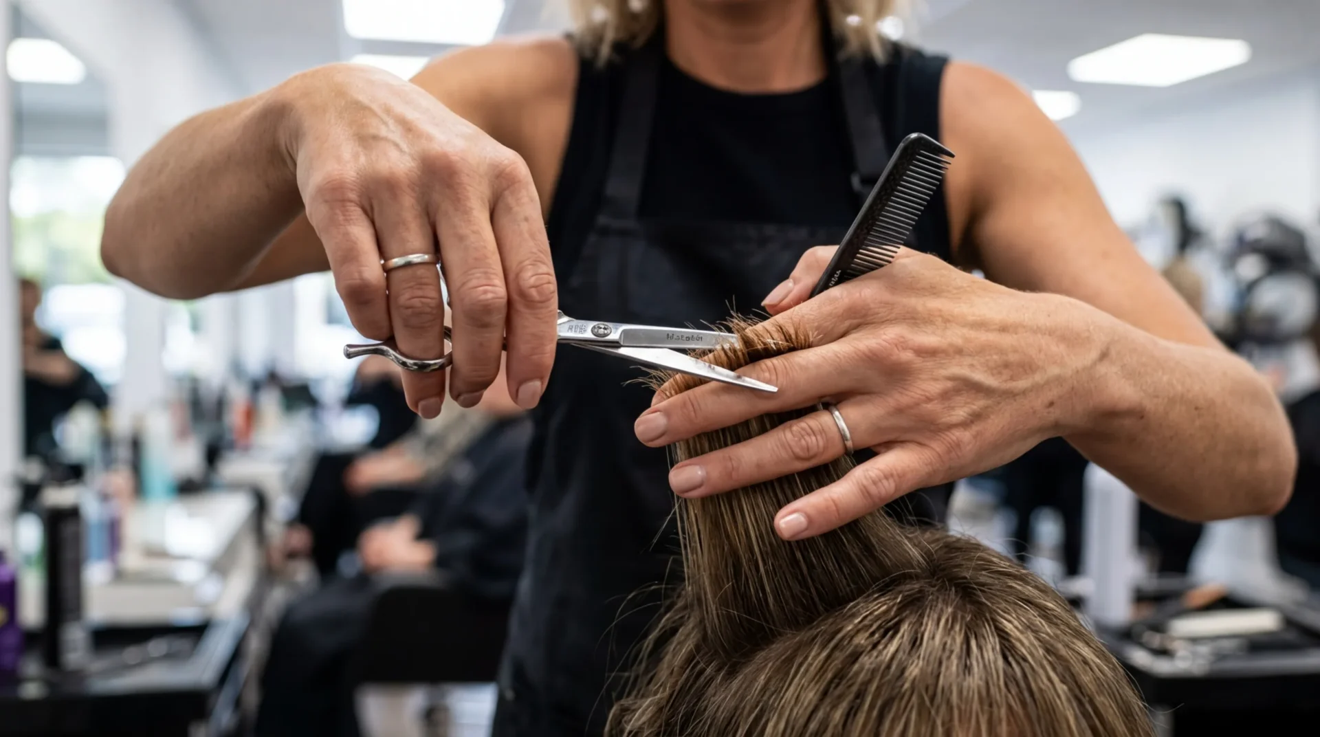 Hairstylist using fine-tooth comb to create triangular section for curtain bangs on blonde hair