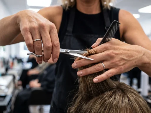Hairstylist using fine-tooth comb to create triangular section for curtain bangs on blonde hair