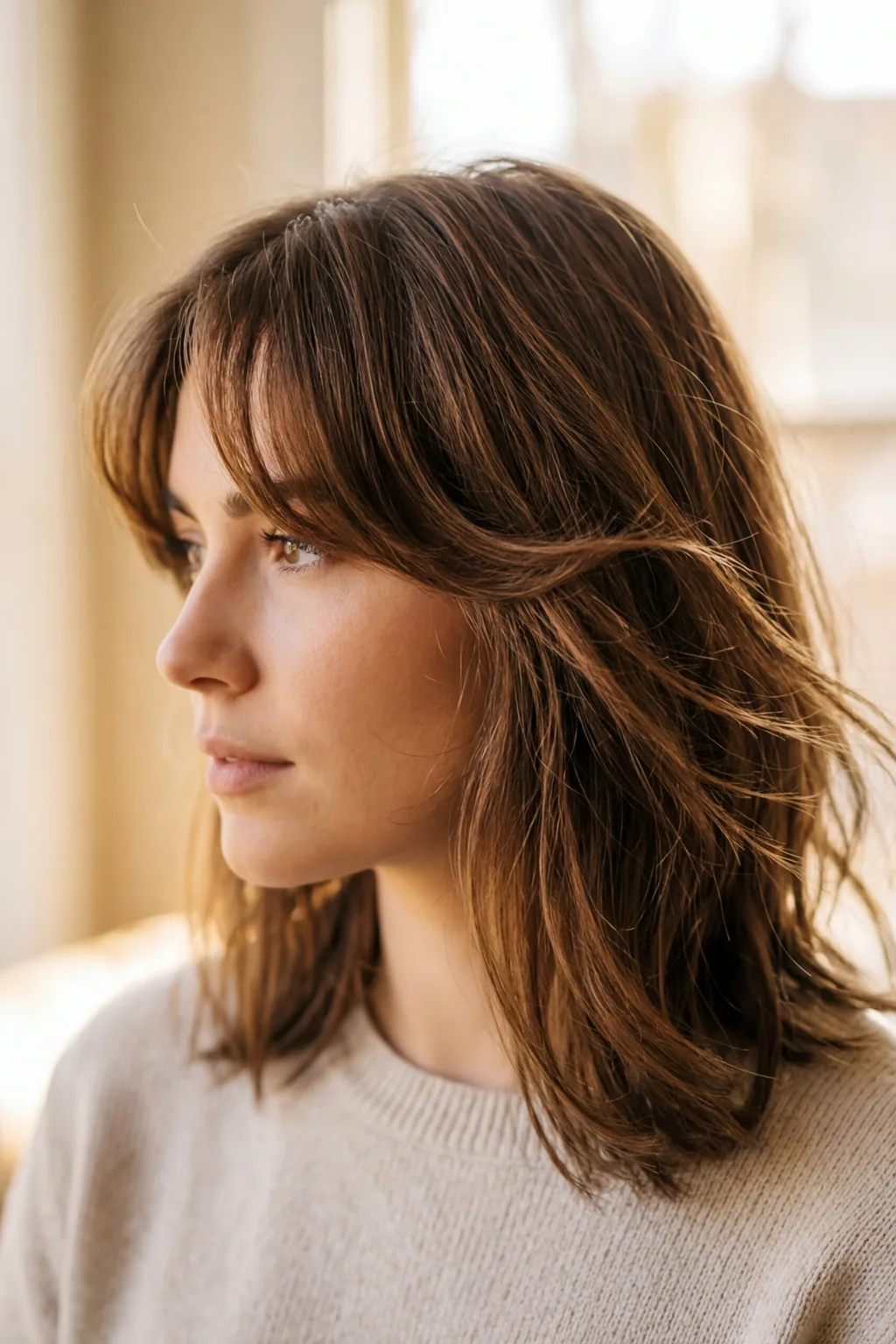Side profile showing graduated curtain bangs length from cheekbone to jawline with natural styling