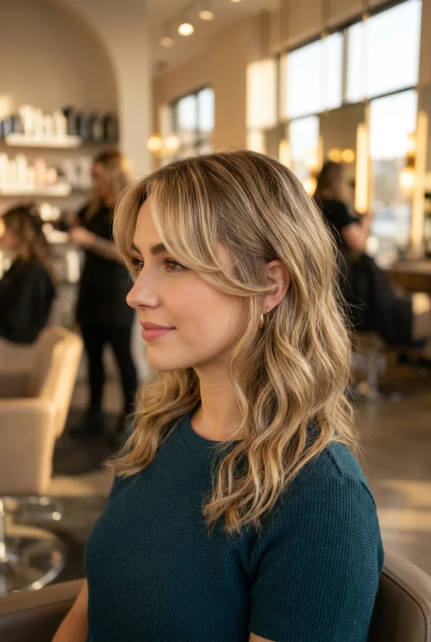 Side profile showing beautifully styled curtain bangs with soft curve framing the face