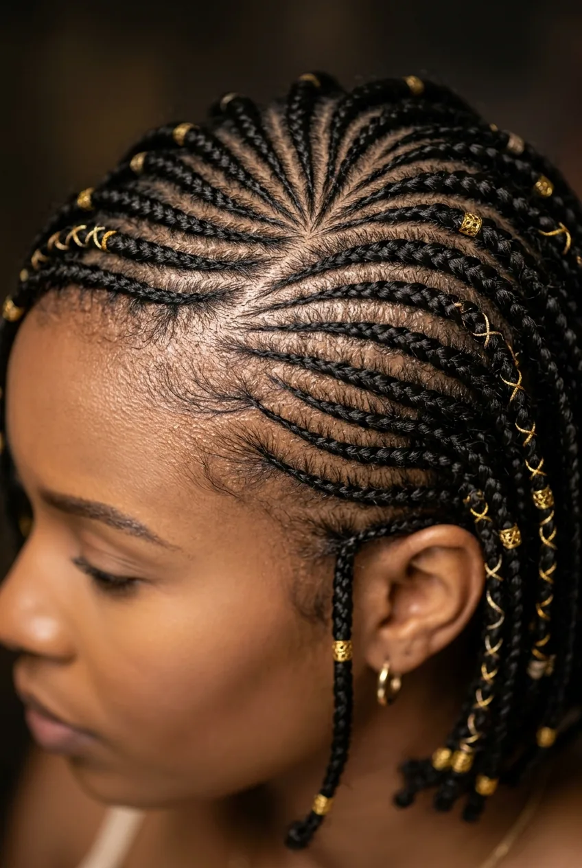 Close-up of intricate curved cornrow parting pattern in short lemonade fulani braid style