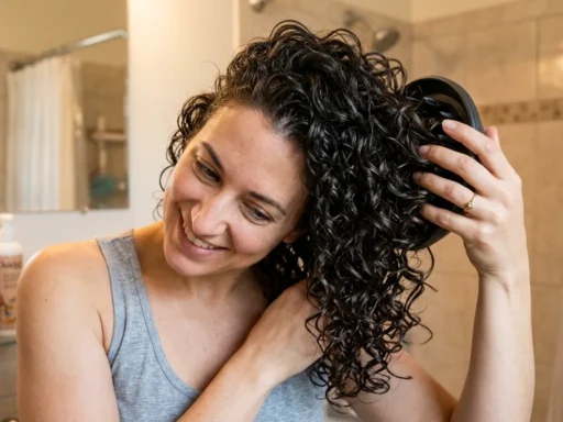 Woman scrunching curly hair with diffuser attachment while tilting head to side in bathroom