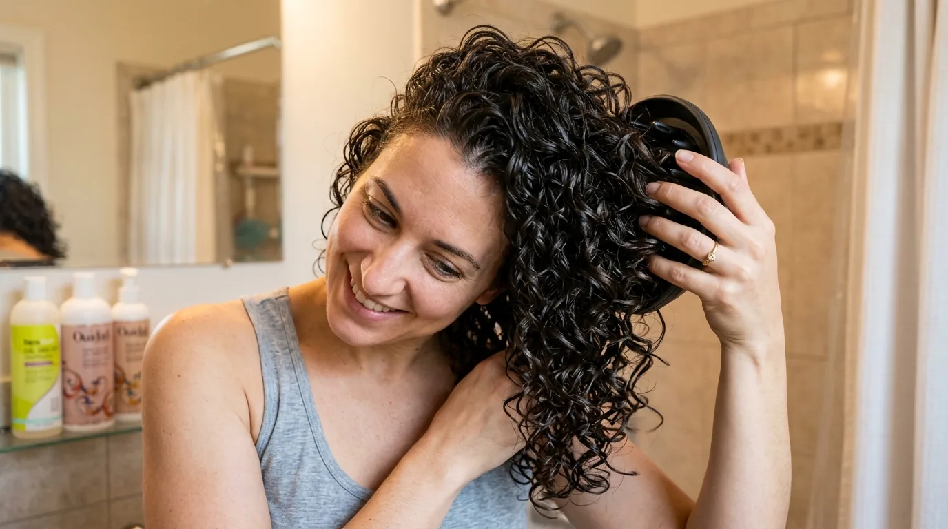 Woman scrunching curly hair with diffuser attachment while tilting head to side in bathroom