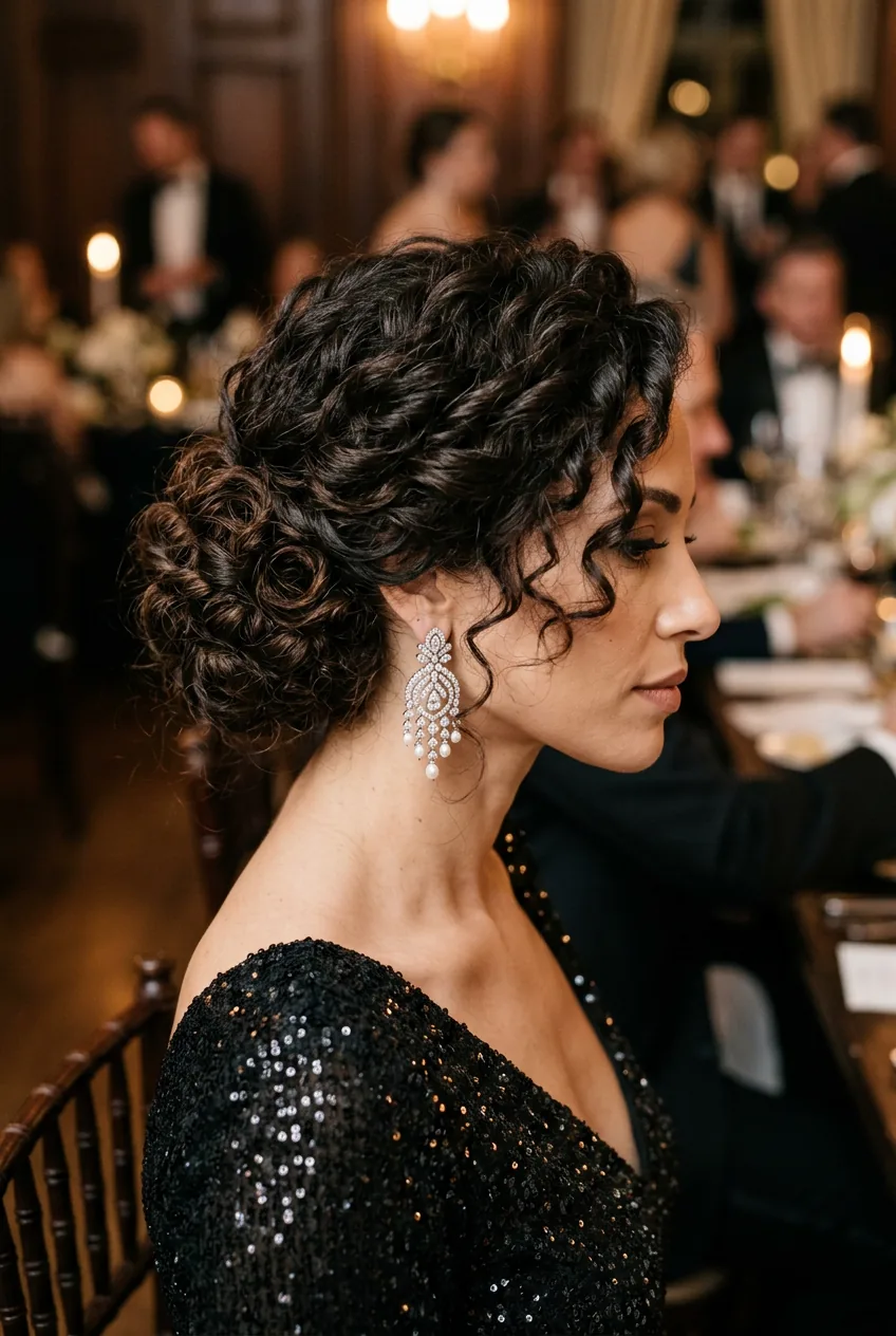 Dramatic side-swept curly updo gathered into low asymmetrical bun behind ear with evening lighting