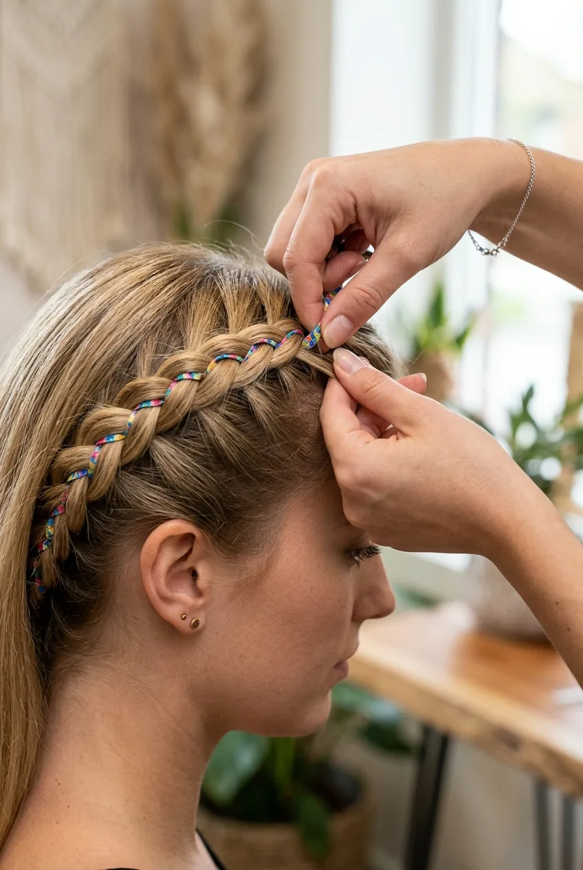 Hands weaving Dutch crown braid along hairline incorporating thin colorful ribbon