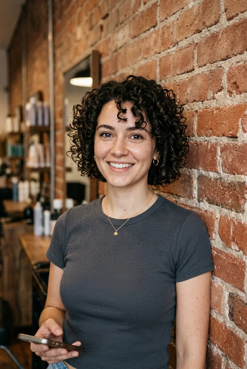 Woman with effortlessly styled short curly hair showing results of curl cream application