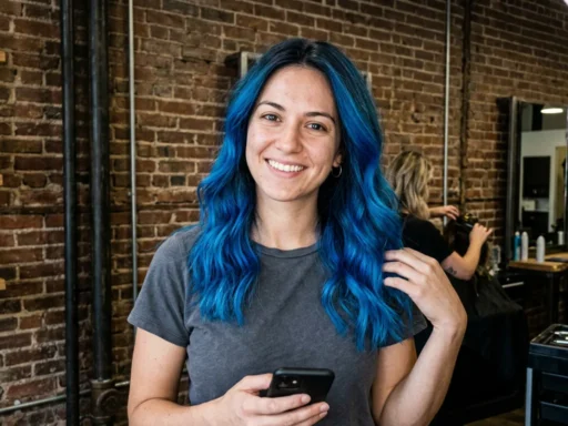 Woman showing electric blue ombre hair color transformation with dramatic fade from natural brown
