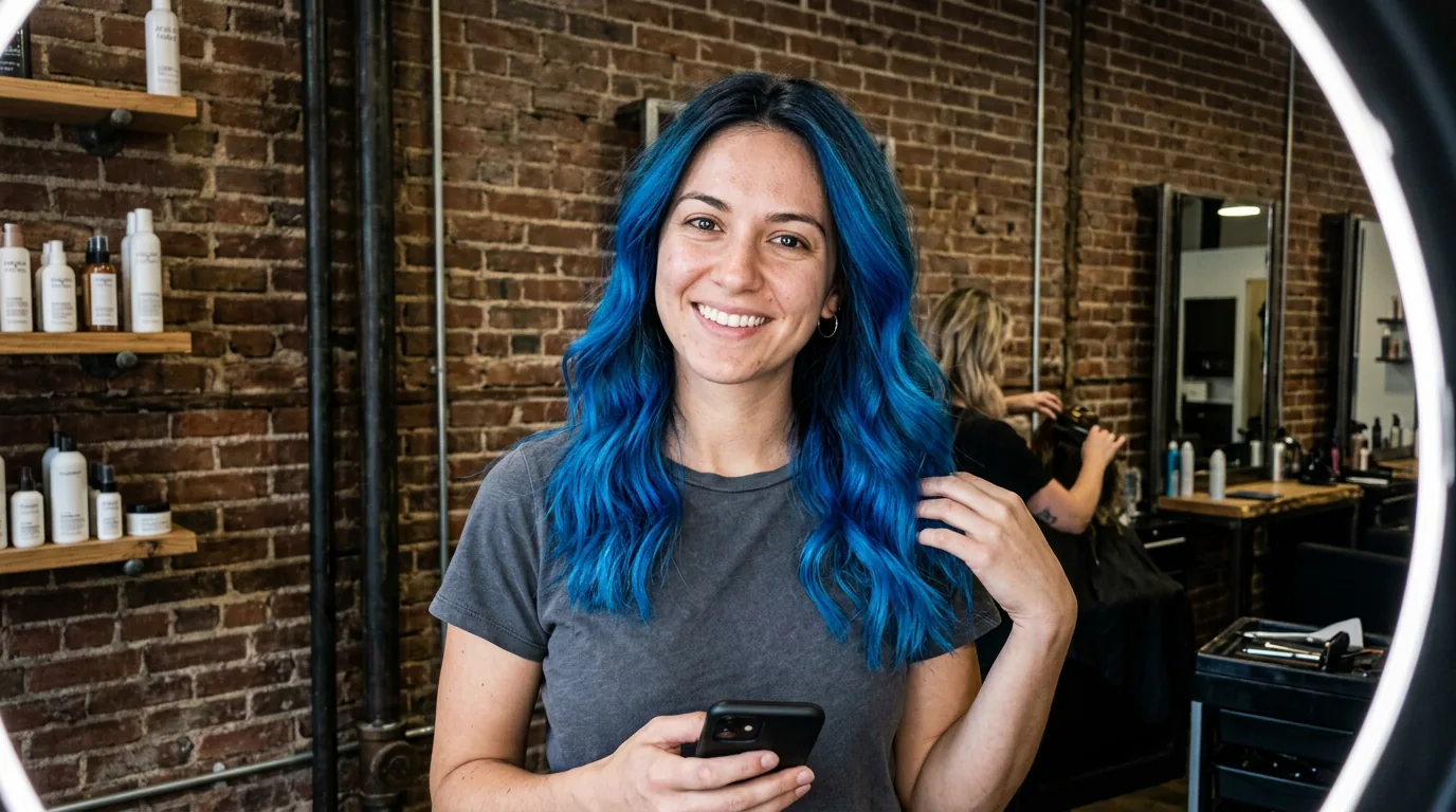 Woman showing electric blue ombre hair color transformation with dramatic fade from natural brown