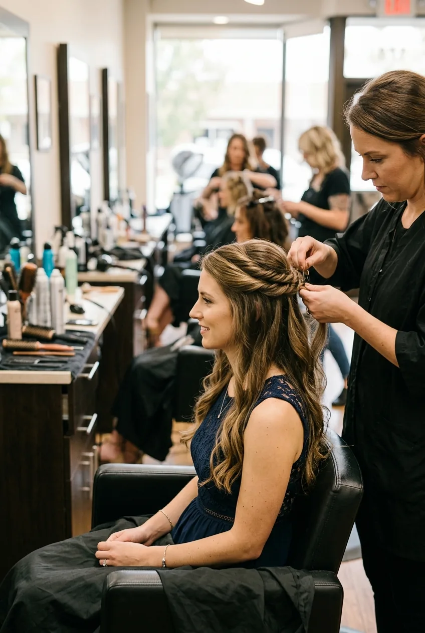 Elegant half-up twist hairstyle with twisted sections secured and loose flowing bottom half for wedding guest