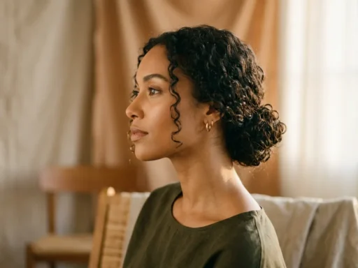Woman with natural curly hair styled in elegant low bun showing side profile in golden lighting