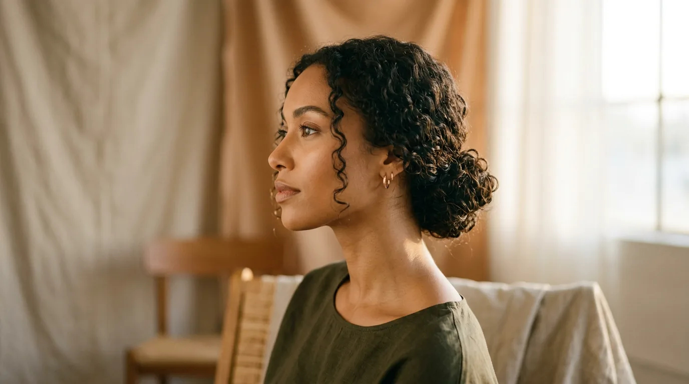 Woman with natural curly hair styled in elegant low bun showing side profile in golden lighting