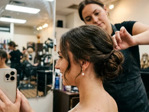 Woman with elegant low chignon wedding hairstyle showing soft face-framing pieces and pearl earrings in salon mirror