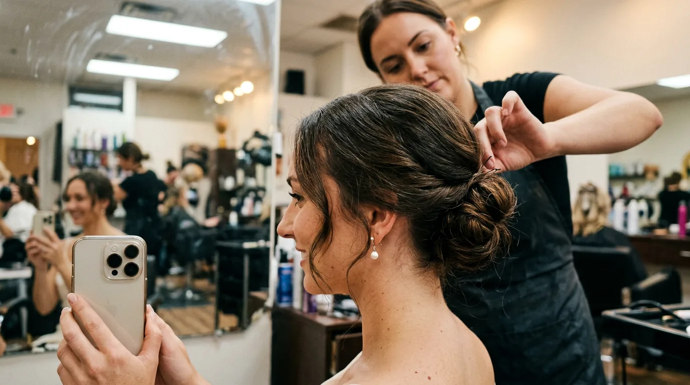 Woman with elegant low chignon wedding hairstyle showing soft face-framing pieces and pearl earrings in salon mirror