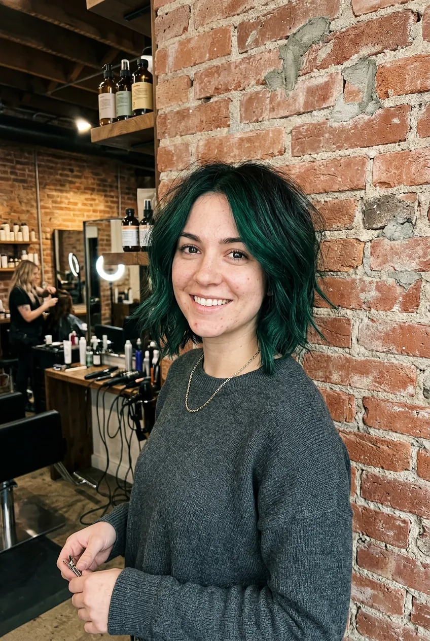 Woman displaying emerald green color highlights in a layered bob haircut with natural texture