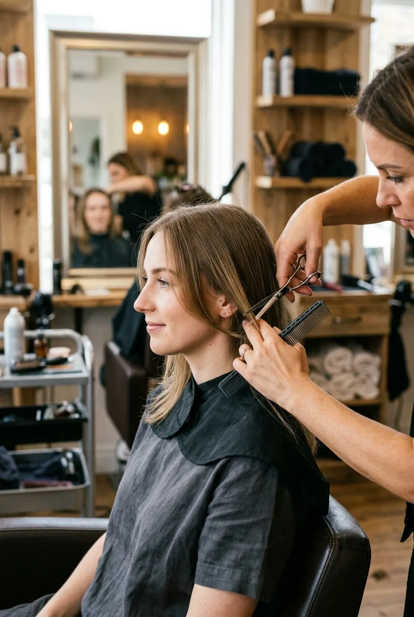 Professional hairdresser cutting strategic face-framing layers on woman with fine hair in salon chair