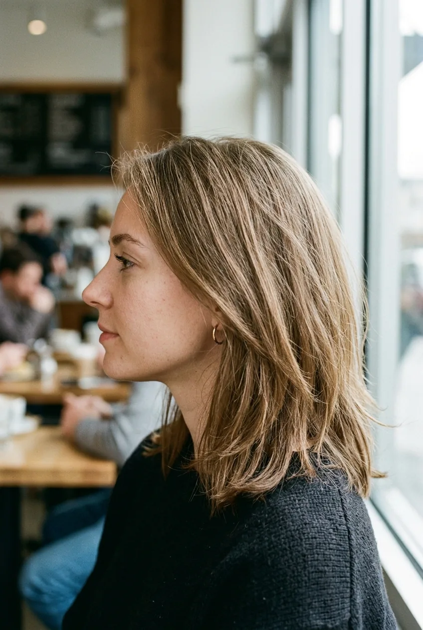 Side profile view of woman with fine hair in a long bob with subtle layers from chin to shoulder length
