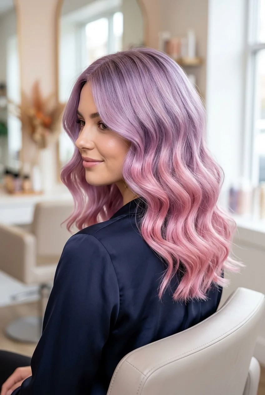 Finished pastel lavender-pink ombre hair styled in loose waves showing healthy glossy color result