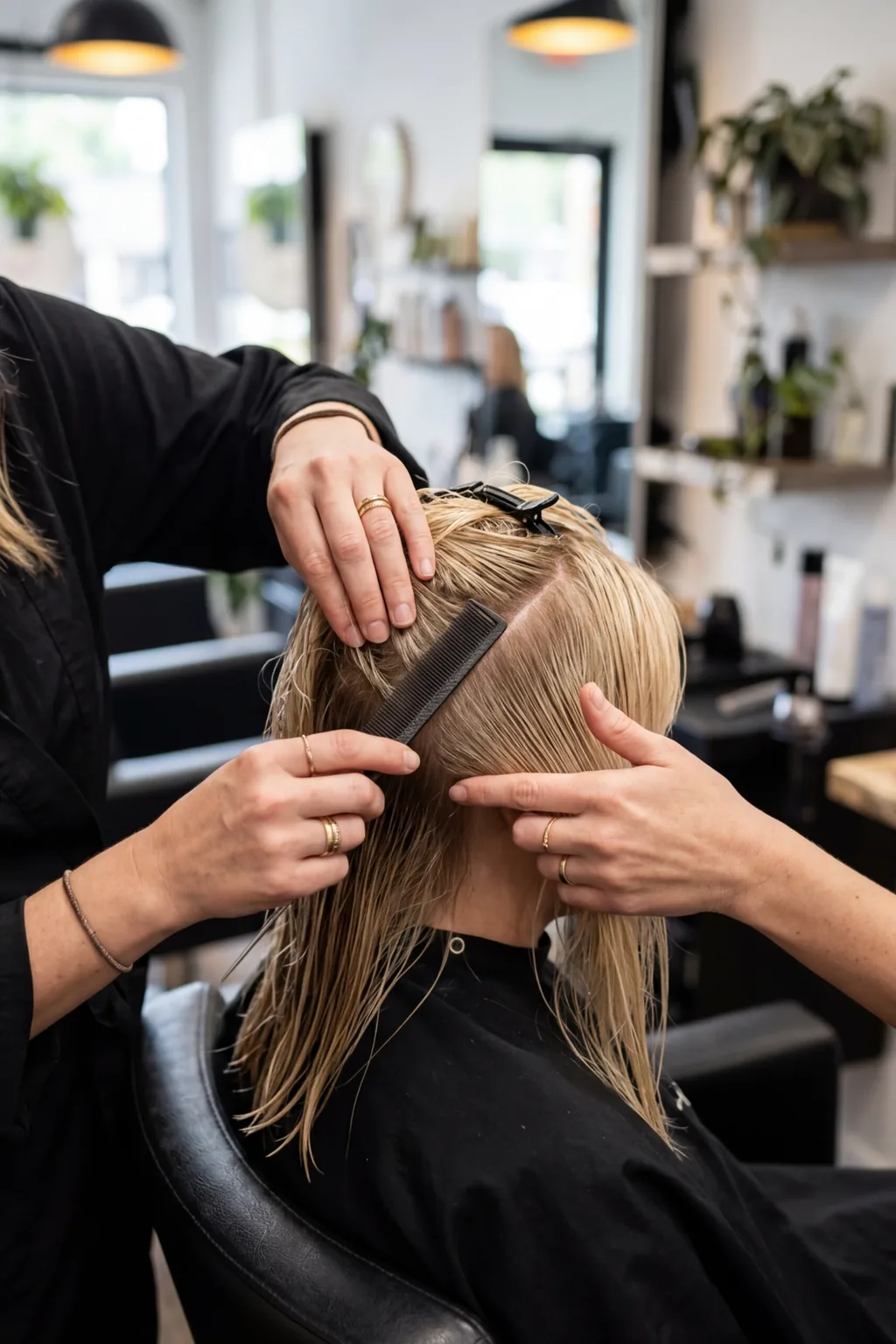 Professional scissors making angled first cut on brunette curtain bangs in salon setting