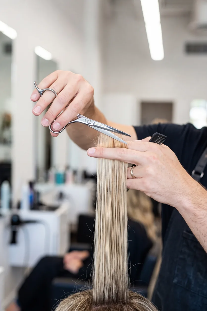 Close-up of haircutting scissors making first cut on sectioned hair held straight up for curtain bangs