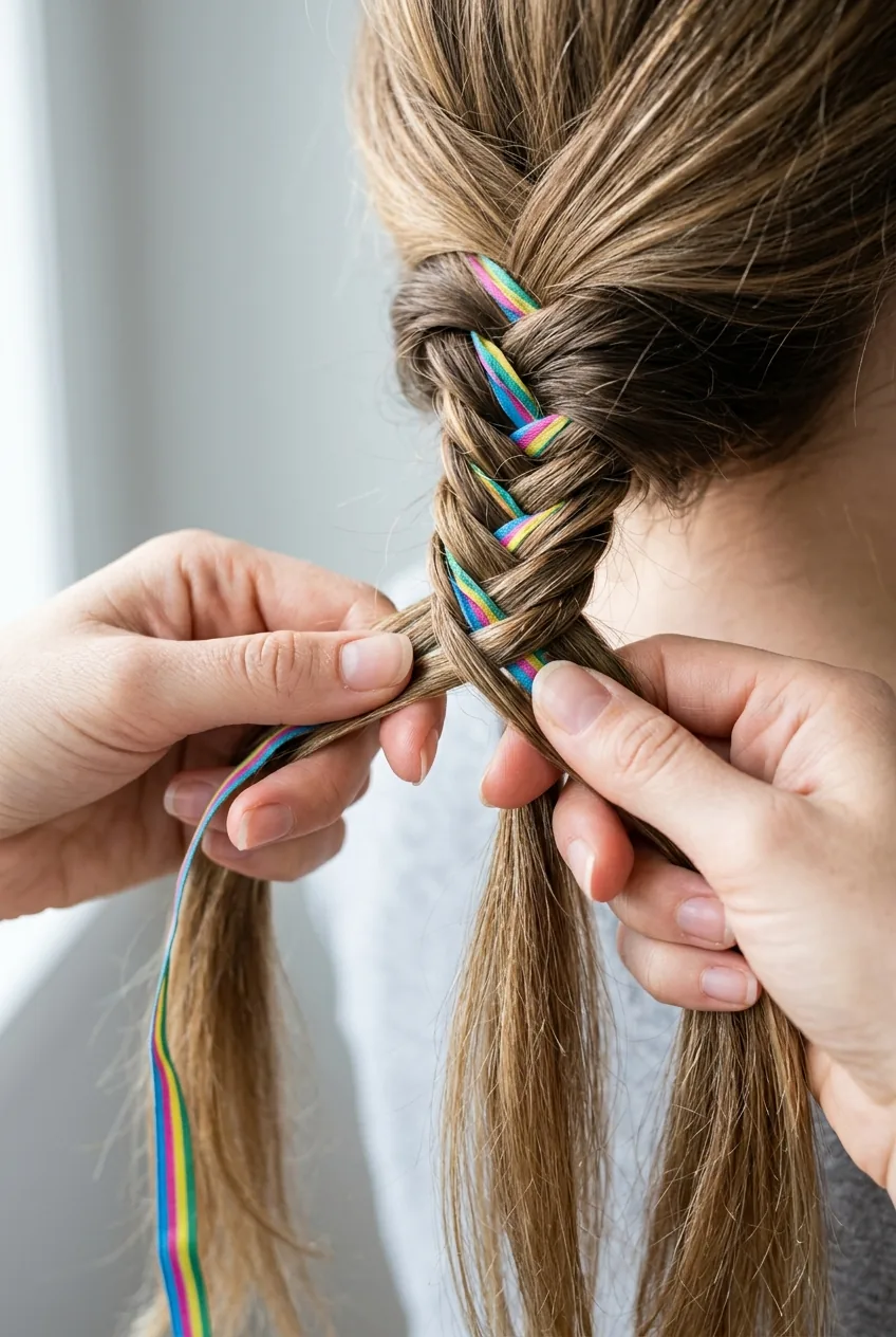 Close-up of fishtail braiding technique with colorful ribbon being woven through pattern