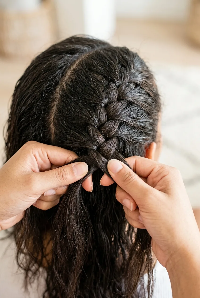 Hands creating neat three-strand foundation braid showing consistent tension technique
