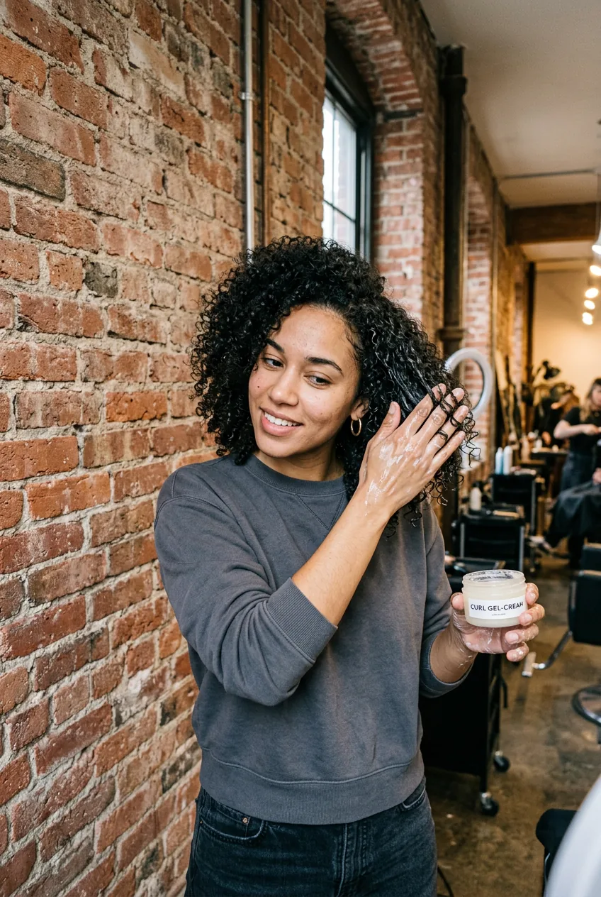 Woman applying gel-cream styling product to curly hair before ponytail creation