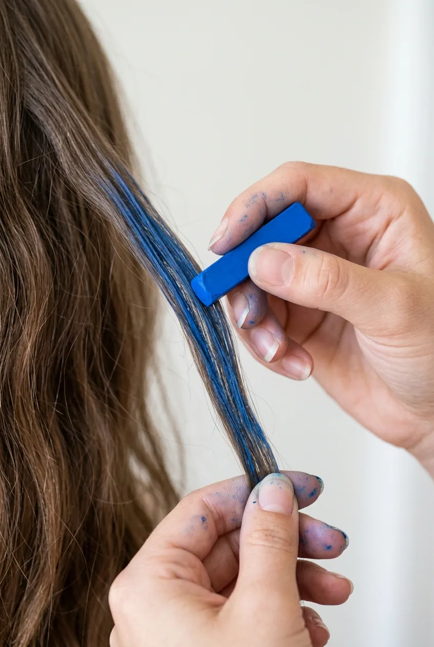 Hands applying vibrant blue hair chalk to single strand of brown hair
