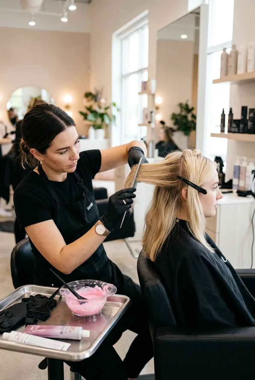 Hair colorist sectioning blonde hair with tail comb next to mixing bowl containing pink pastel dye