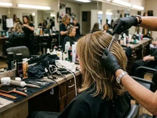 Hairdresser's hands styling a woman's layered long bob with fine hair in a professional salon setting