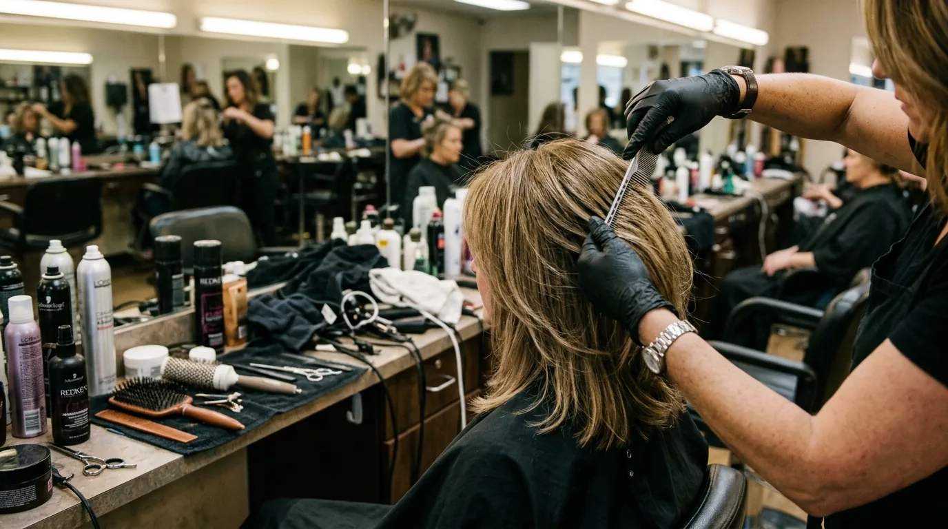 Hairdresser's hands styling a woman's layered long bob with fine hair in a professional salon setting