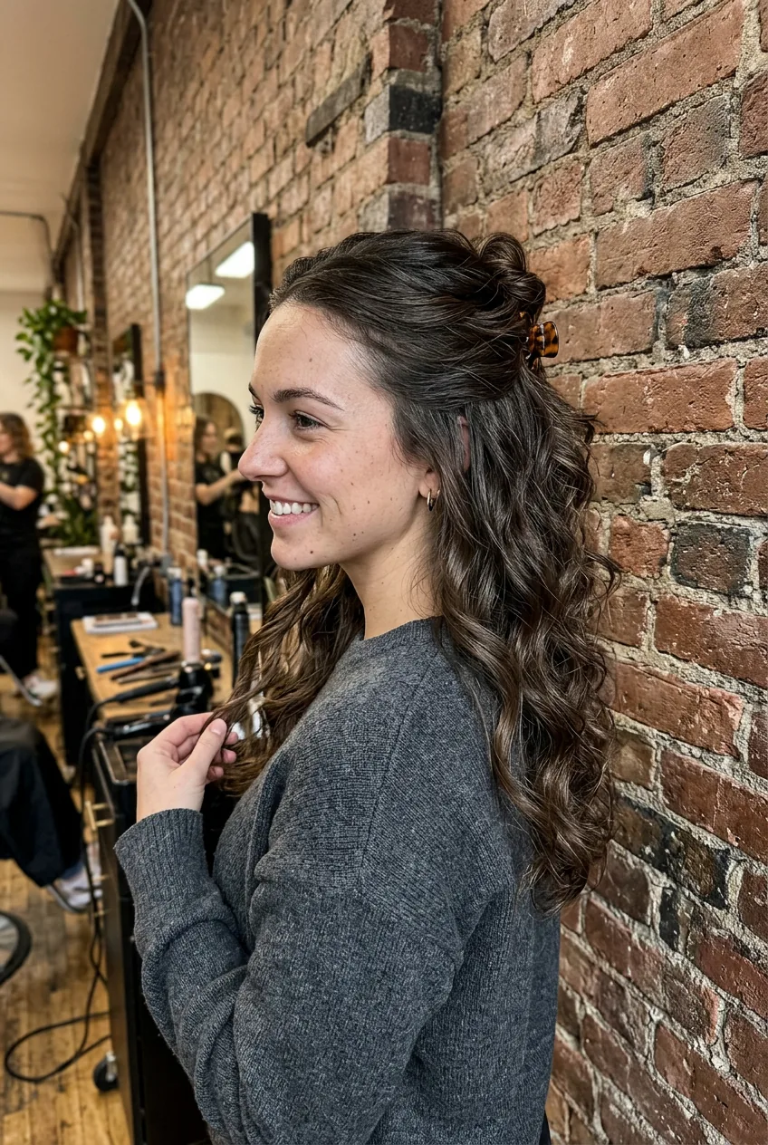 Woman displaying half-up hairstyle with loose curls showing the transition between secured and free-flowing hair