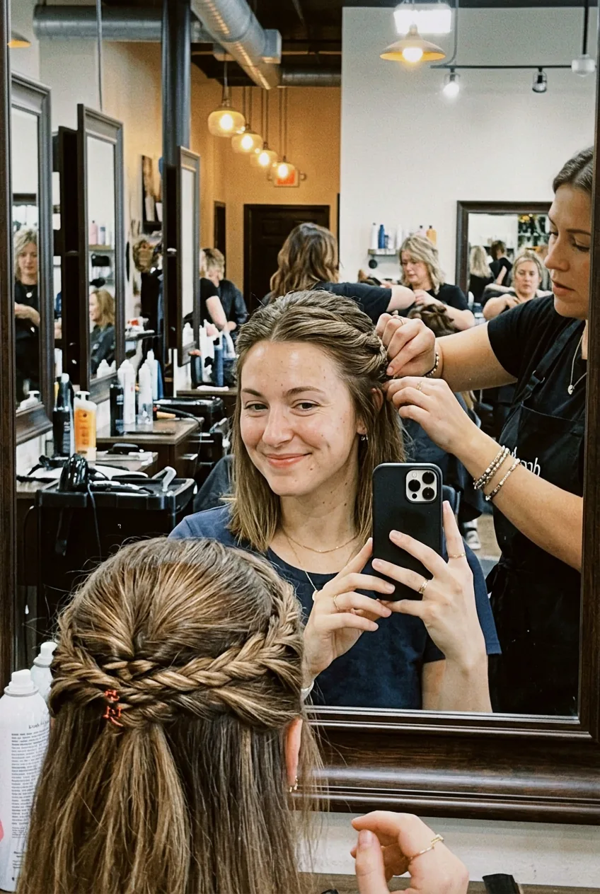 Woman displaying half-up twisted hairstyle with small braid detail and shoulder-length brown highlighted hair