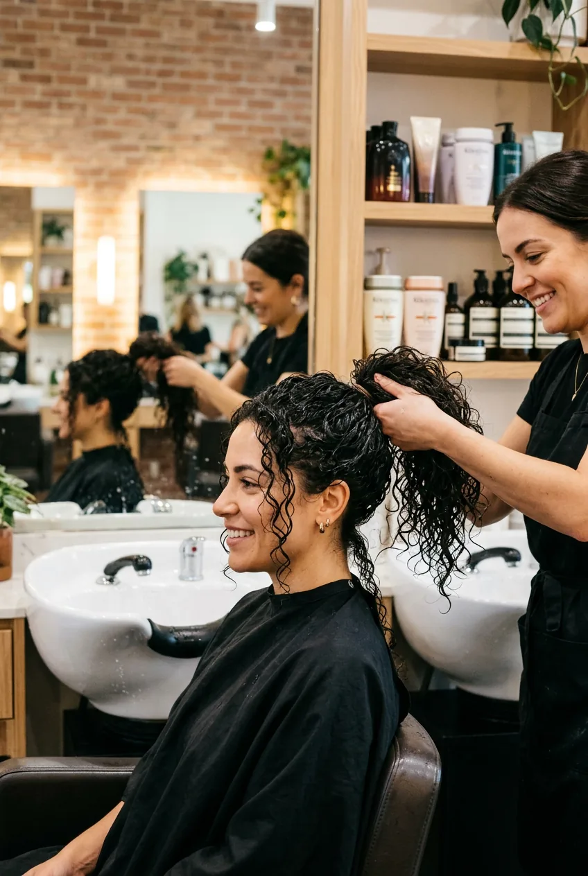 Hairstylist adjusting voluminous high curly ponytail on woman at salon chair