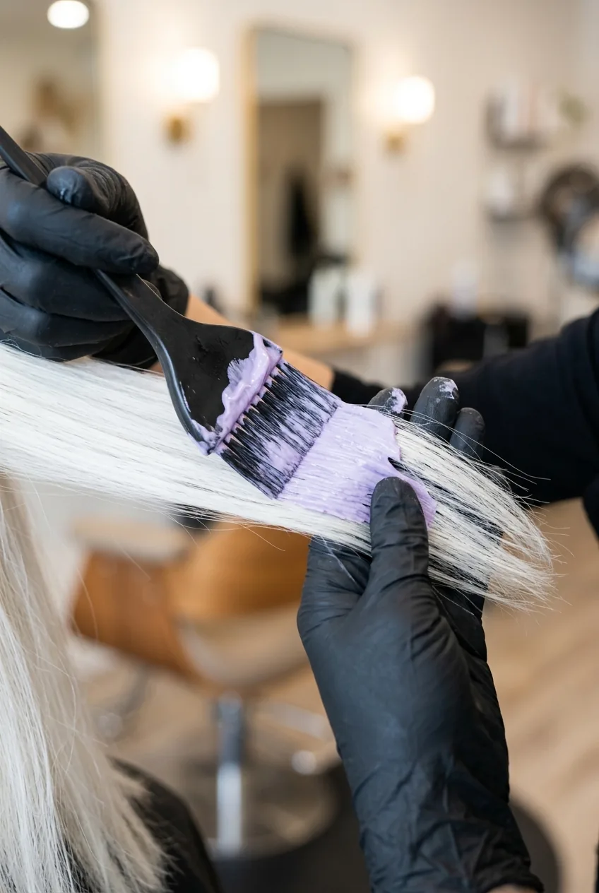 Close-up of application brush loaded with lavender dye being painted onto ultra-white bleached hair strands