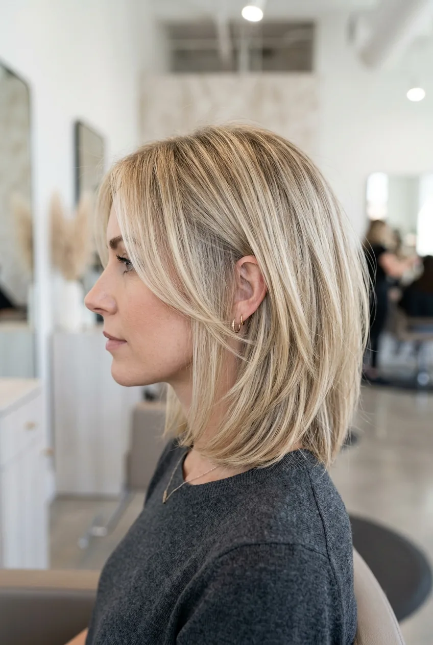 Side profile showing perfectly graduated long bob layers on fine blonde hair with natural highlights