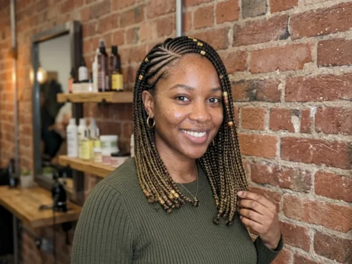 Woman with short lemonade Fulani braids swept dramatically to one side showing cornrow-to-braid pattern