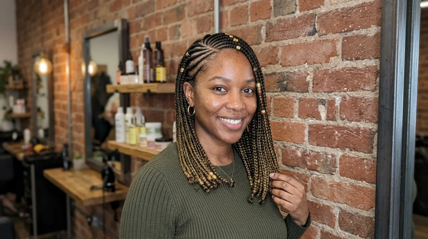 Woman with short lemonade Fulani braids swept dramatically to one side showing cornrow-to-braid pattern
