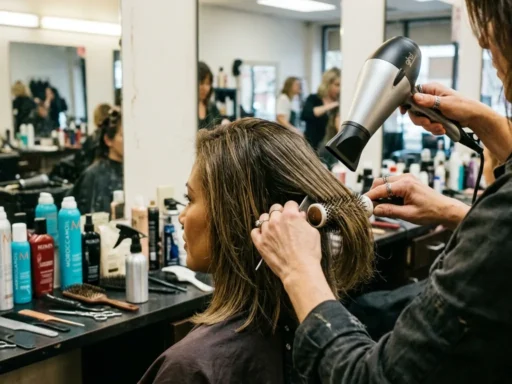 Hairdresser styling woman's long bob with layers using professional techniques in busy salon setting
