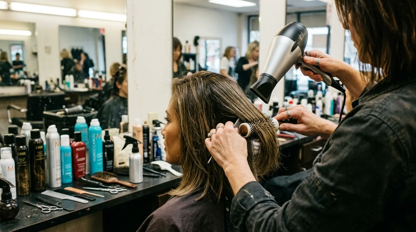 Hairdresser styling woman's long bob with layers using professional techniques in busy salon setting