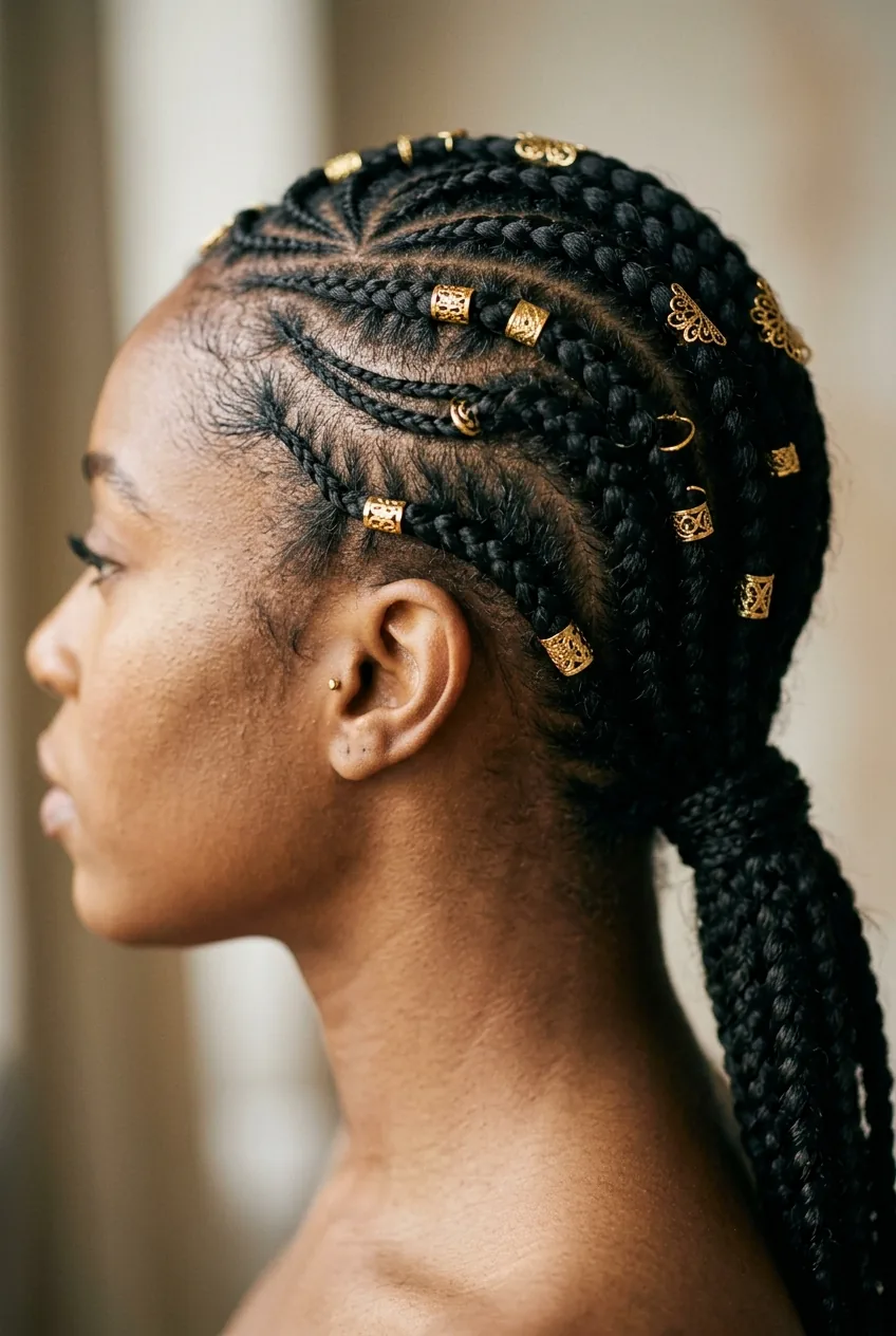 Short lemonade fulani braids styled in low ponytail with gold hair jewelry accessories