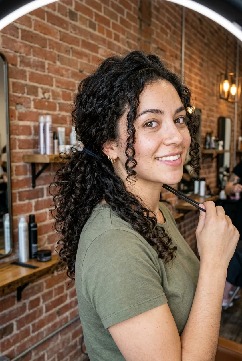 Woman demonstrating low curly ponytail at nape of neck with natural curl cascade