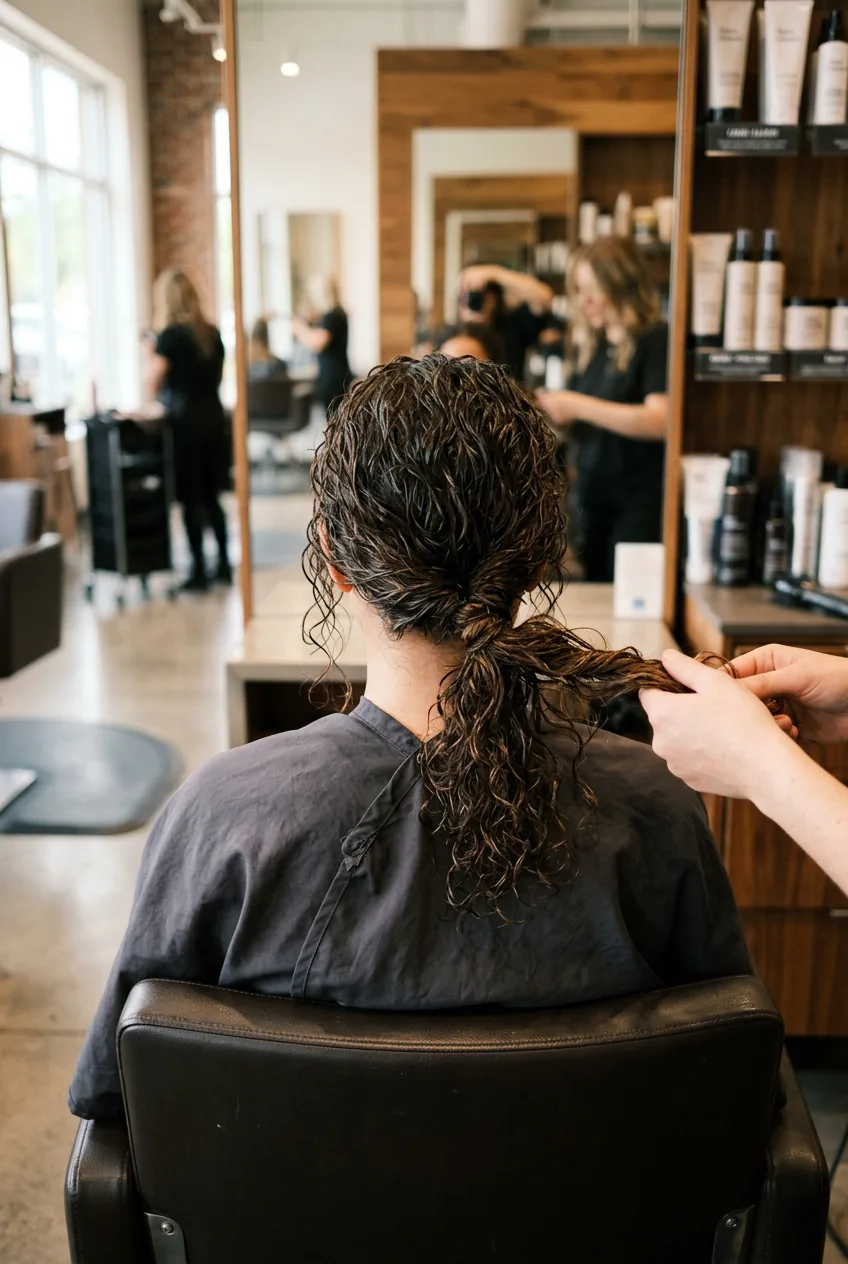 Back view of woman with intentionally messy low twisted curly ponytail