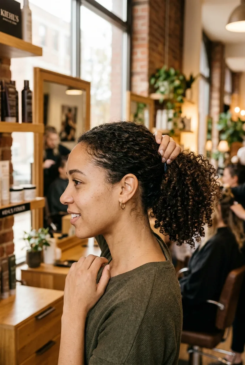 Side profile of woman showing mid-level curly ponytail placement at ear height in modern salon