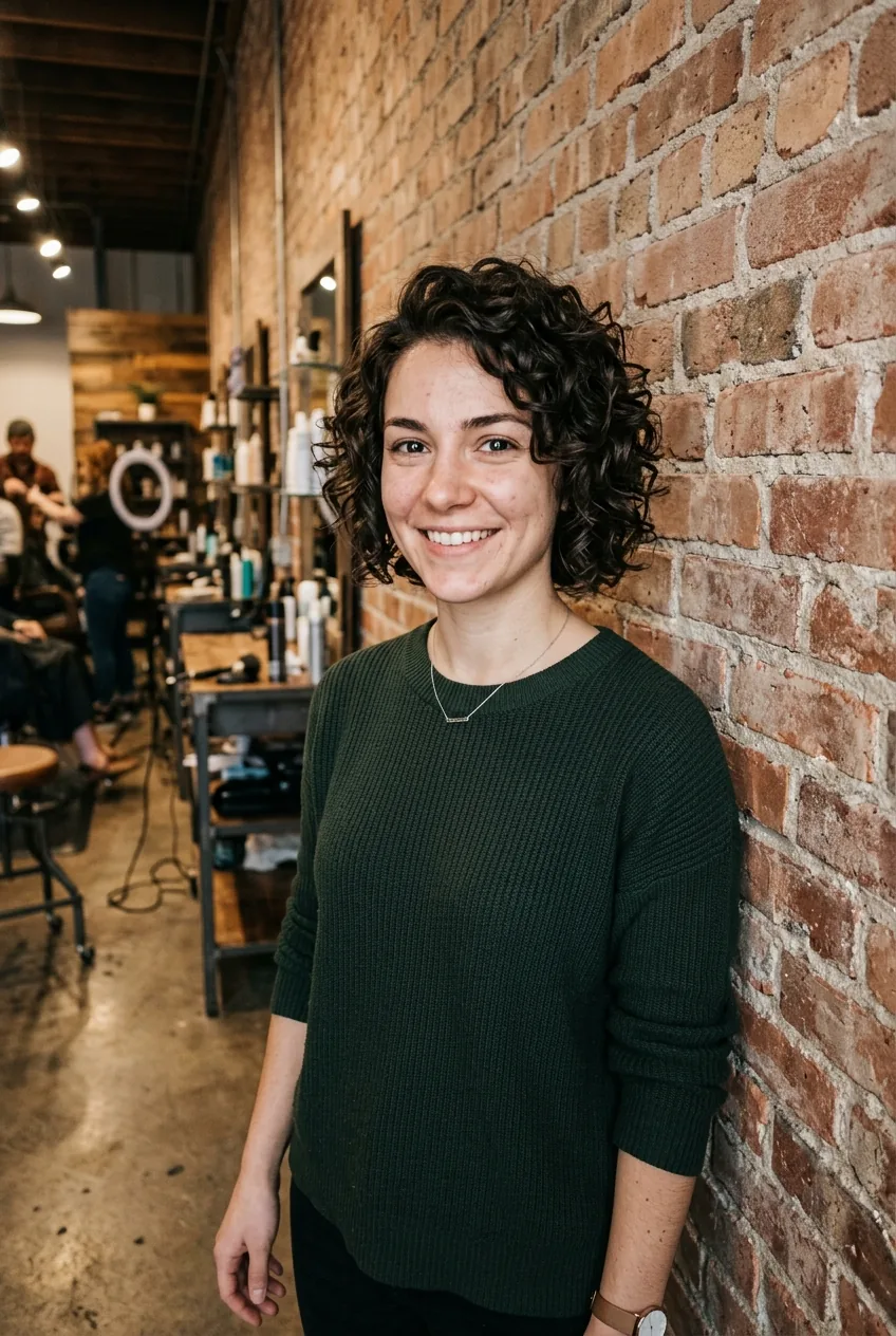 Woman with minimally layered short curly hair showing clean architectural lines and structure