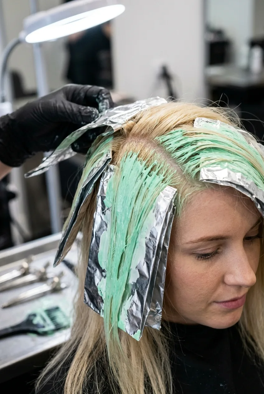 Close-up view of mint green pastel hair color being applied to lightened hair with foil wrapping technique