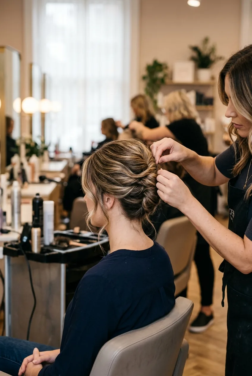 Modern French twist with contemporary loose texture and deliberately soft finishing for wedding guest elegance